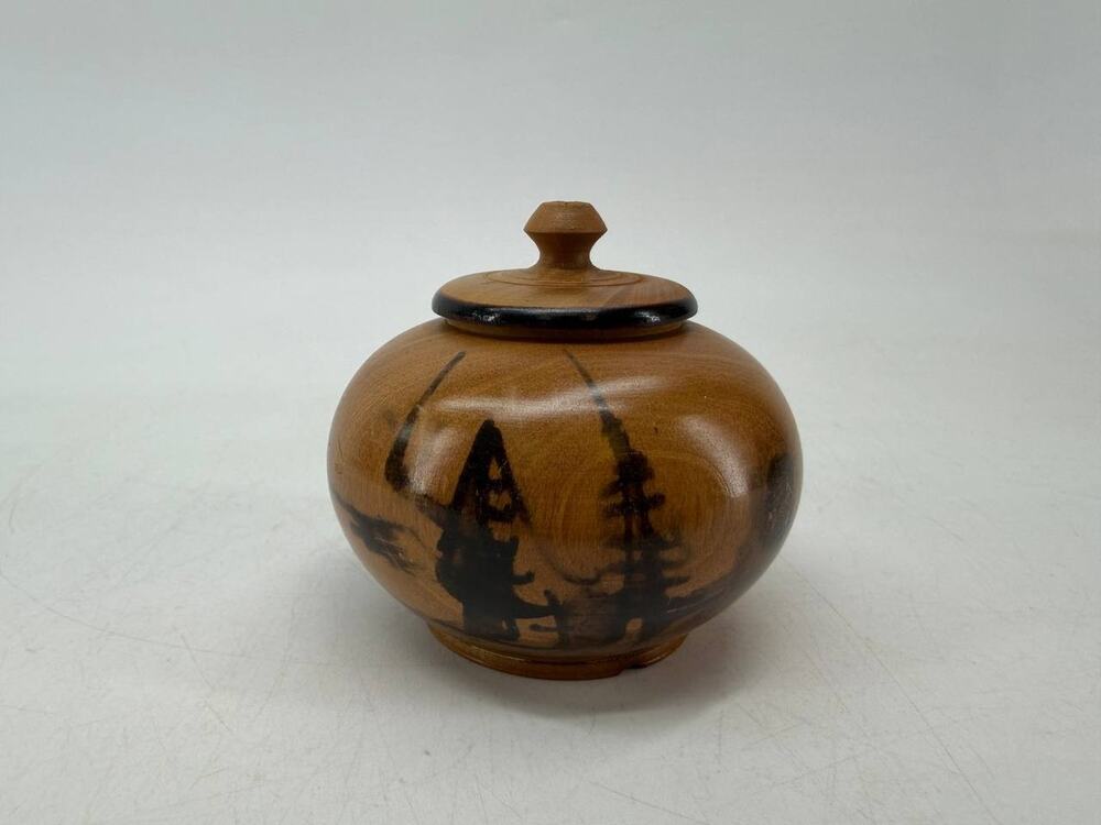 Turned Wood Lidded Trinket Bowl Jar Pyrography Forest Scene Rustic Decor